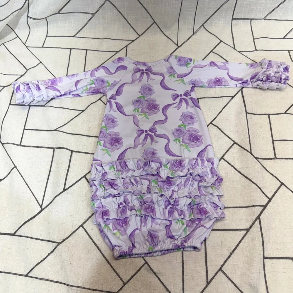Clover Cottage Apparel Baby Gown 0-3M Purple Rose Ribbon Bamboo Ruffle Sleepwear
